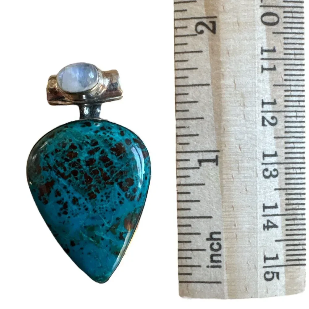 Shattuckite & Rainbow Moonstone Solid 925 Sterling Silver Pendant - Picture 3 of 3